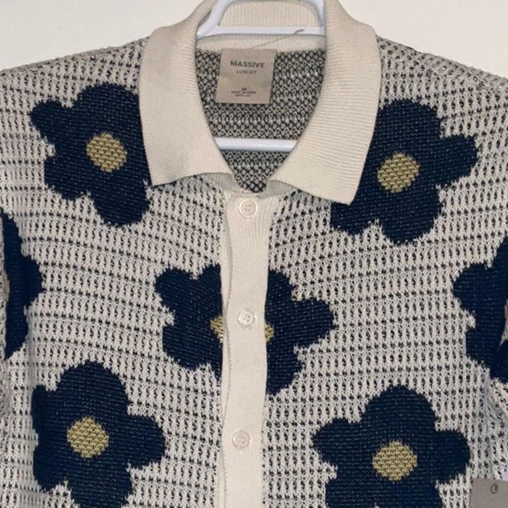 MASSIVE LUXURY CROCHET KNIT CARDIGAN SWEATER SHIRT IVORY NAVY FLORAL L NWT